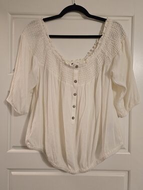 torrid Cream Smocked Peasant Blouse with Button Placket
